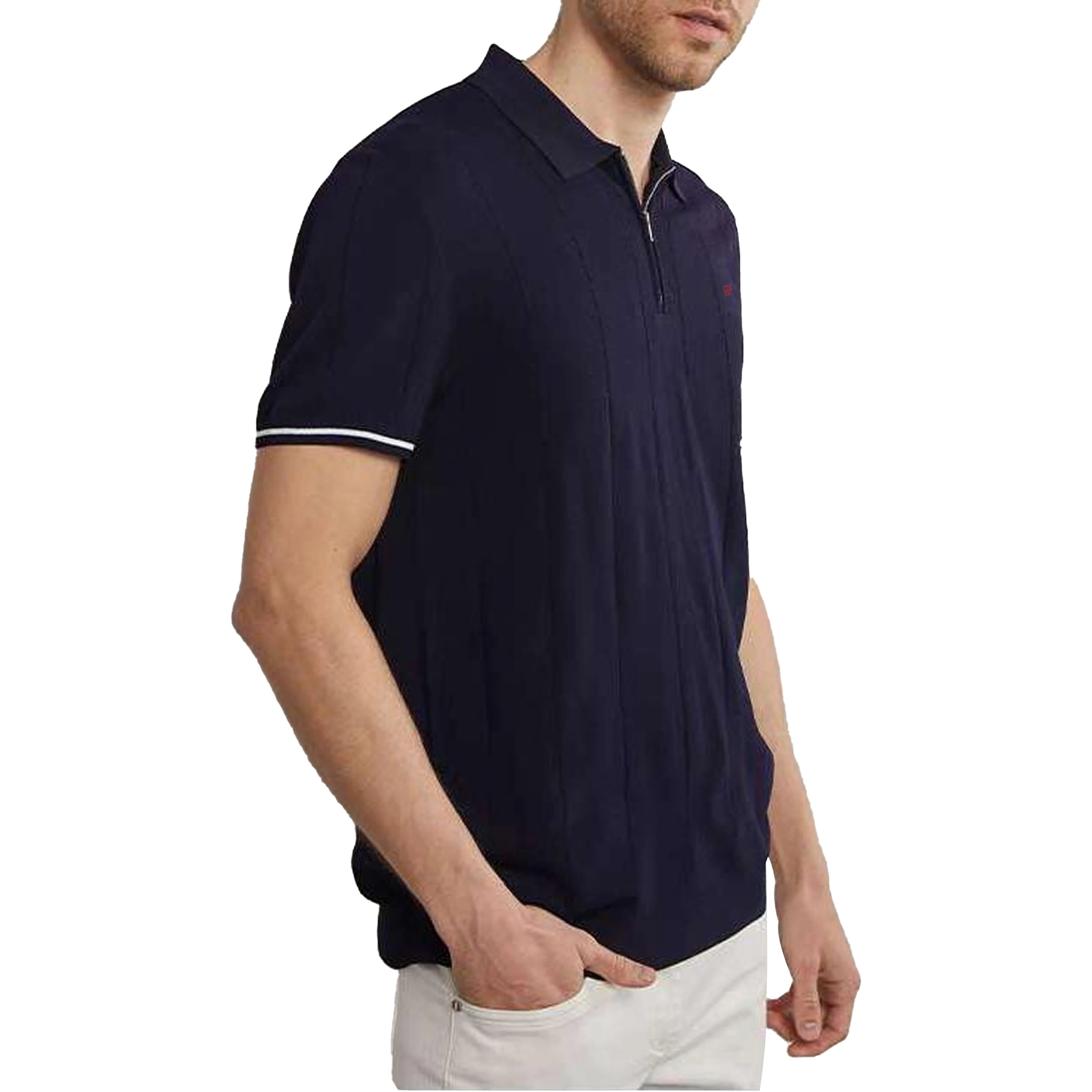 Ribbed Knit Polo Shirt for Men – Breathable Summer Top with Zip Placket