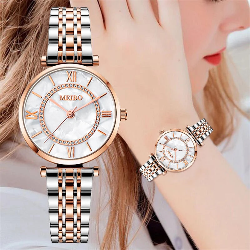Women's Luxury Quartz Watch – Crystal Accents, Roman Numerals, Steel Bracelet