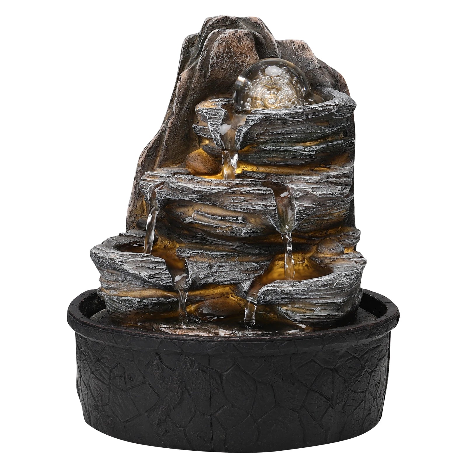 Multi-Layer Rock Tabletop Fountain with LED Crystal Ball – Indoor/Outdoor Decor