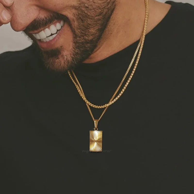 Sunburst Rectangle Pendant Gold-Plated Stainless Steel Necklace